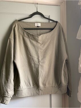 American Eagle Outfitters Washed Olive Green Raw-Edge Bare Shoulder Sweatshirt